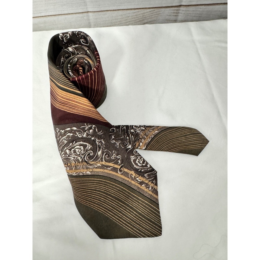 Van Heusen 417 Mens Silk Necktie Olive Green Burgundy Paisley Geometric Abstract